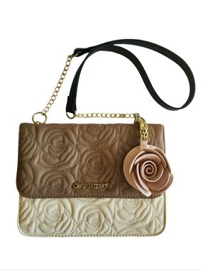 Betsey Johnson Quilted Rose Bag | Brown, Cream, Pink with Rose Charm